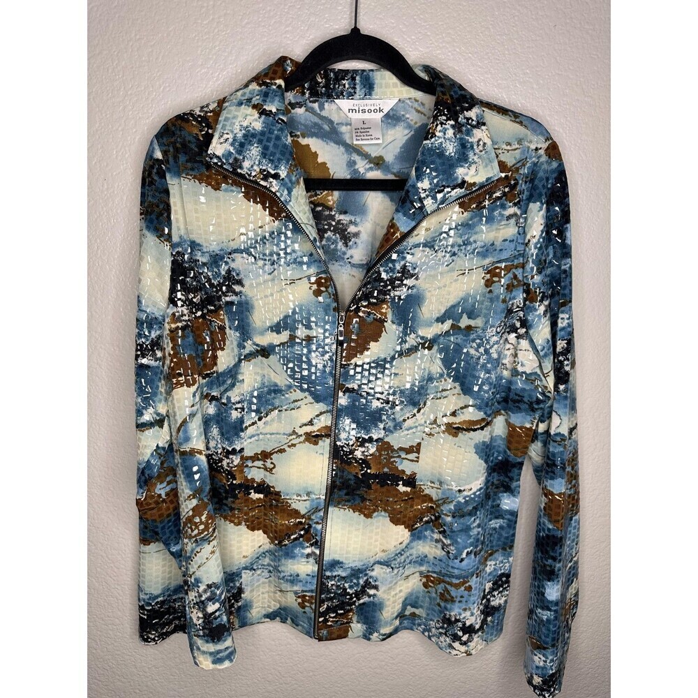 Misook Jacket Womens Large Blue Brown Zip Front Abstract Textured Knit Print